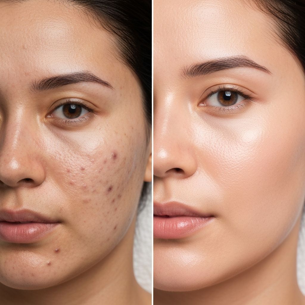 Client before and after Korean facial treatment showing improved skin texture